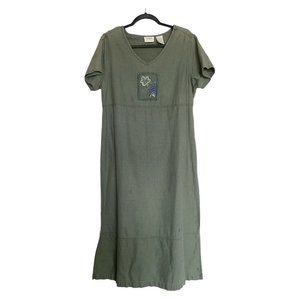 Vtg 90s Erika Collection Olive Linen Cotton Blend Jumper Dress Large Embroidere